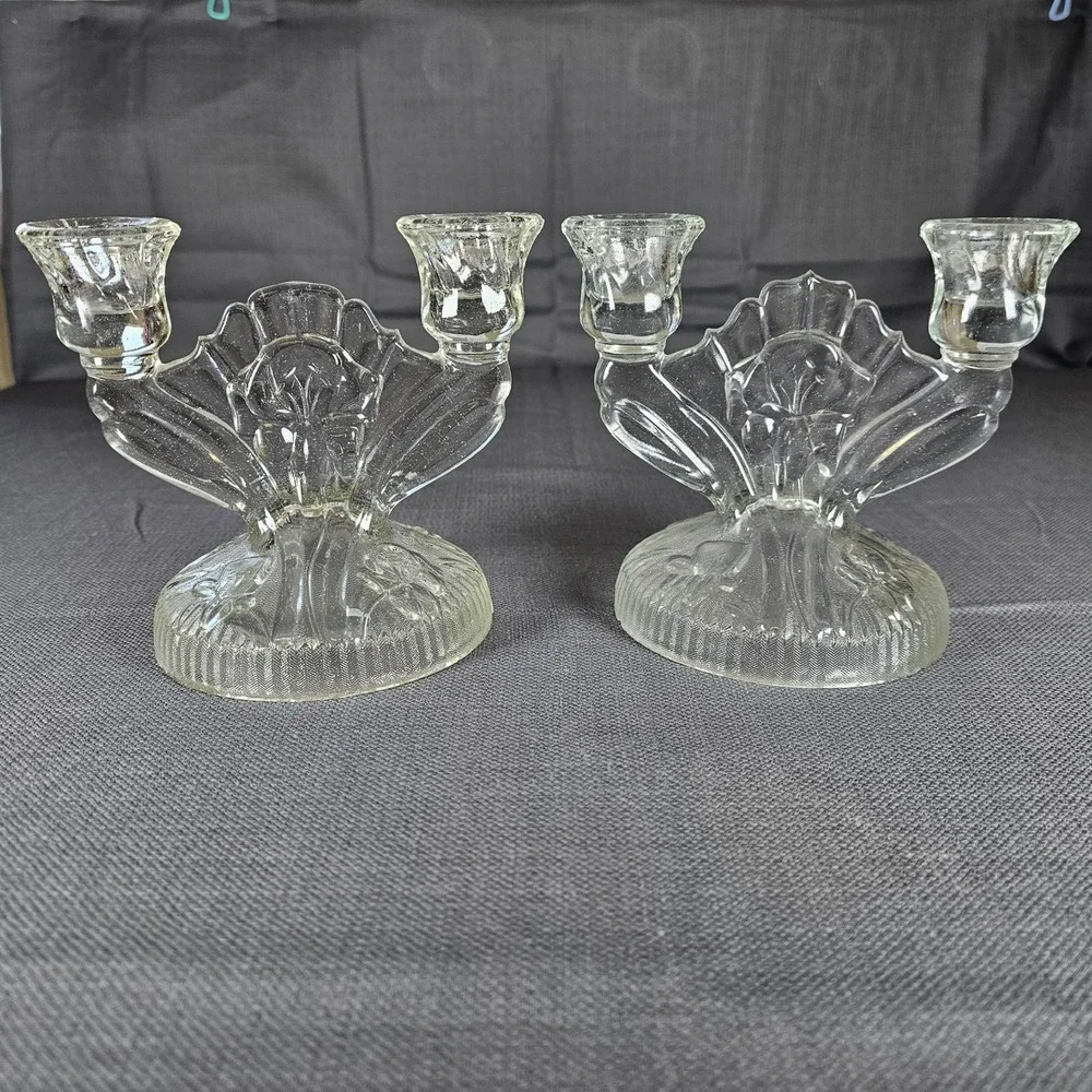 Vintage Clear‎ Glass Double Candle Holder Set Elegant Candlelabra Decor